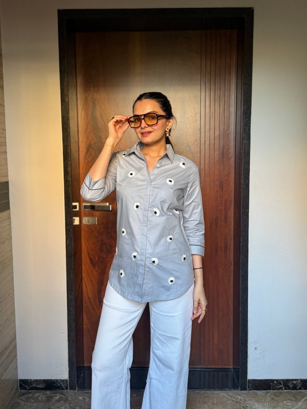 Silver Mist Floral Embroidered Premium Rich Poplin Shirt