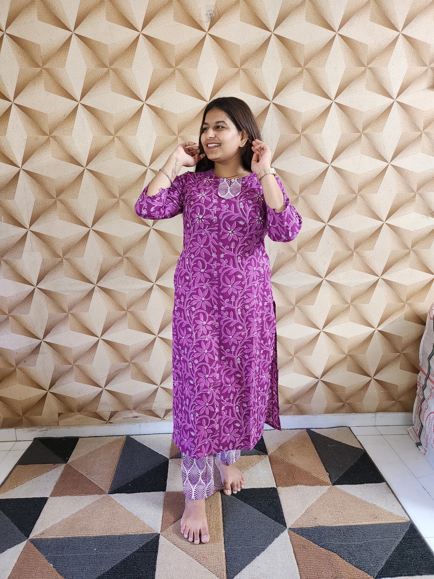 Wine Floral Print Cotton Kurti Pant Set