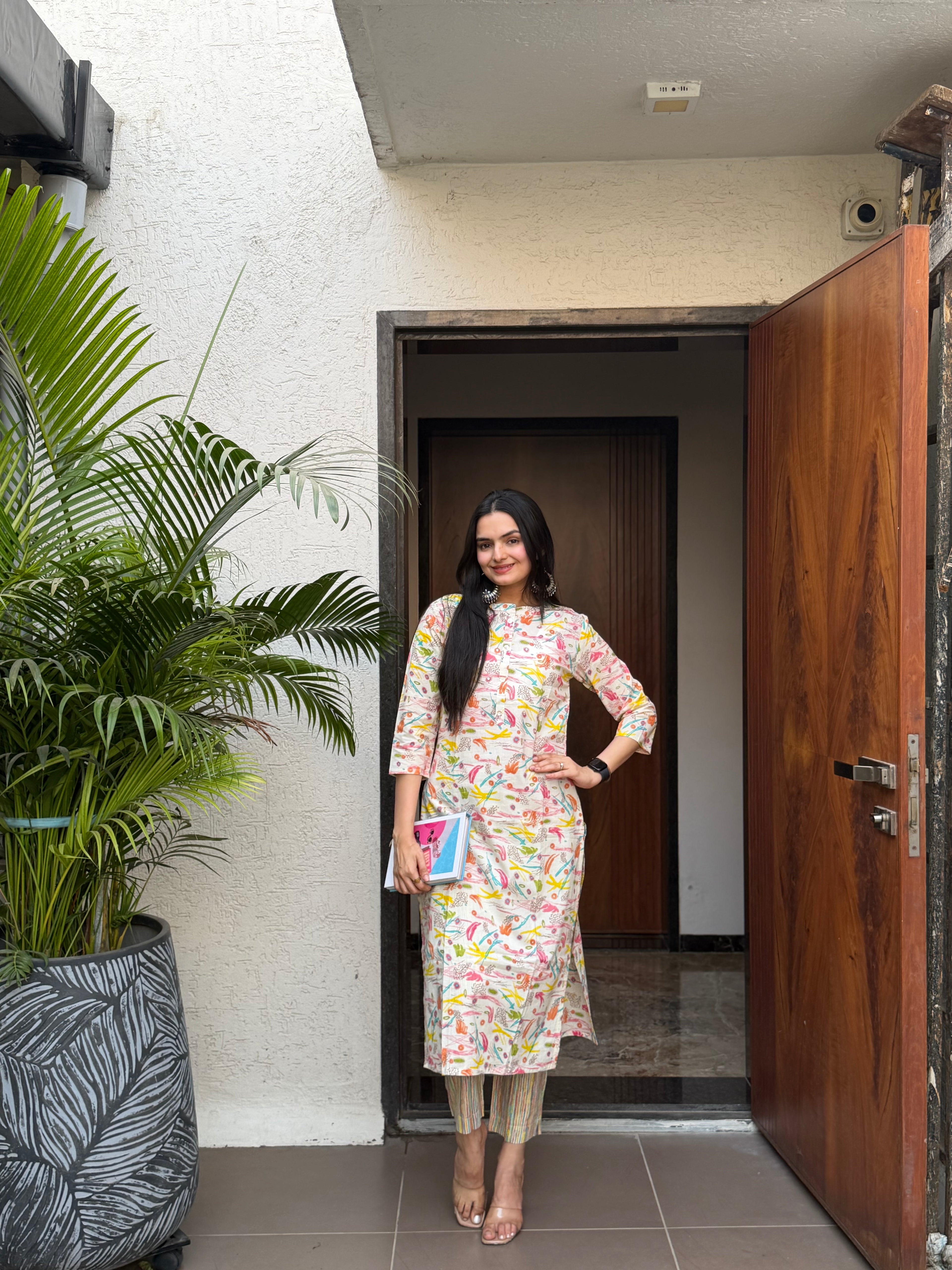 Cream Brush Print kurti pant set