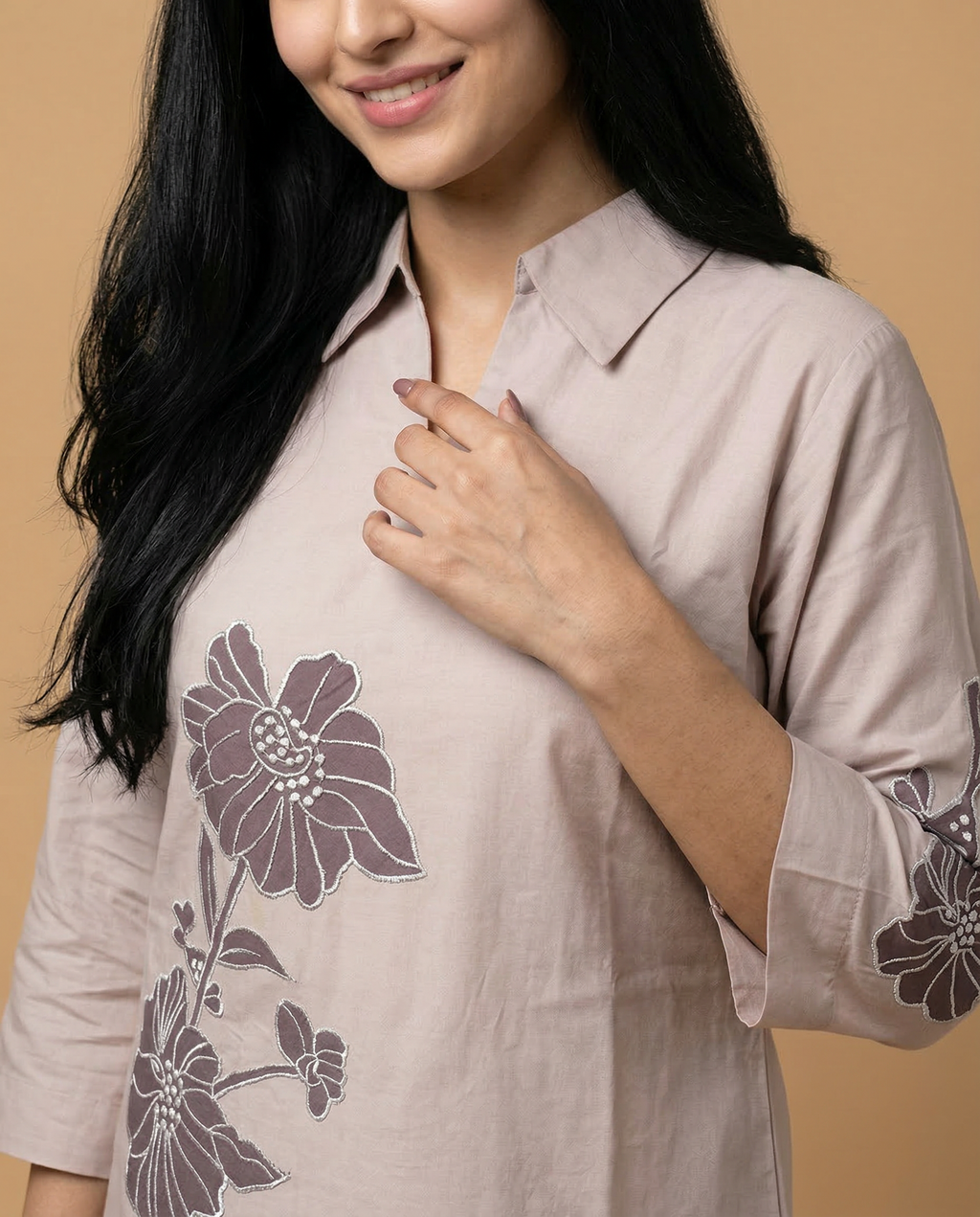 Solid Beige Applique Cotton Oxford Coord Set