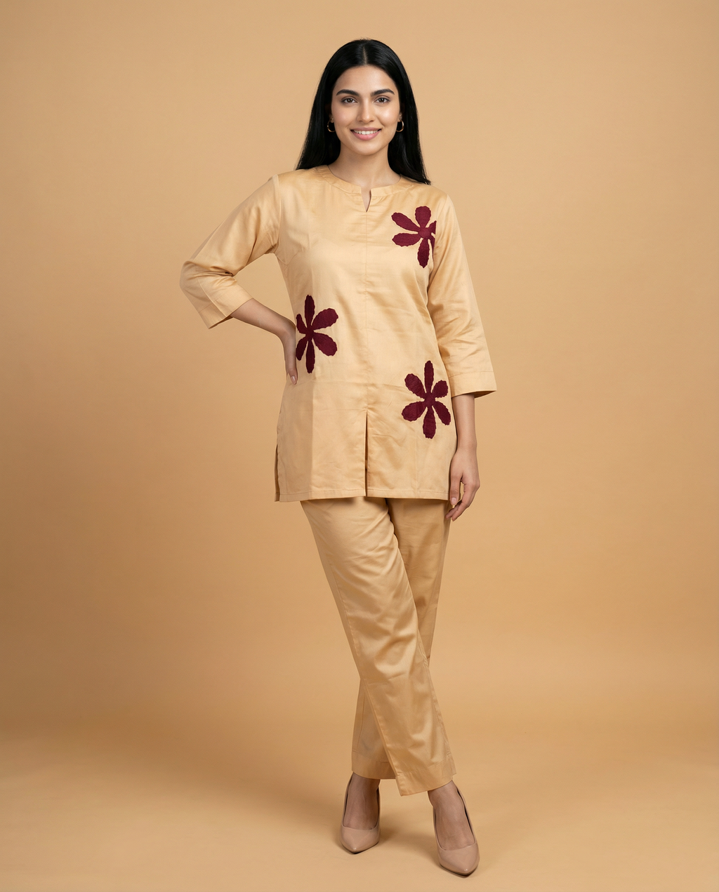 Desert Golden Applique Design Giza Silk Coord Set