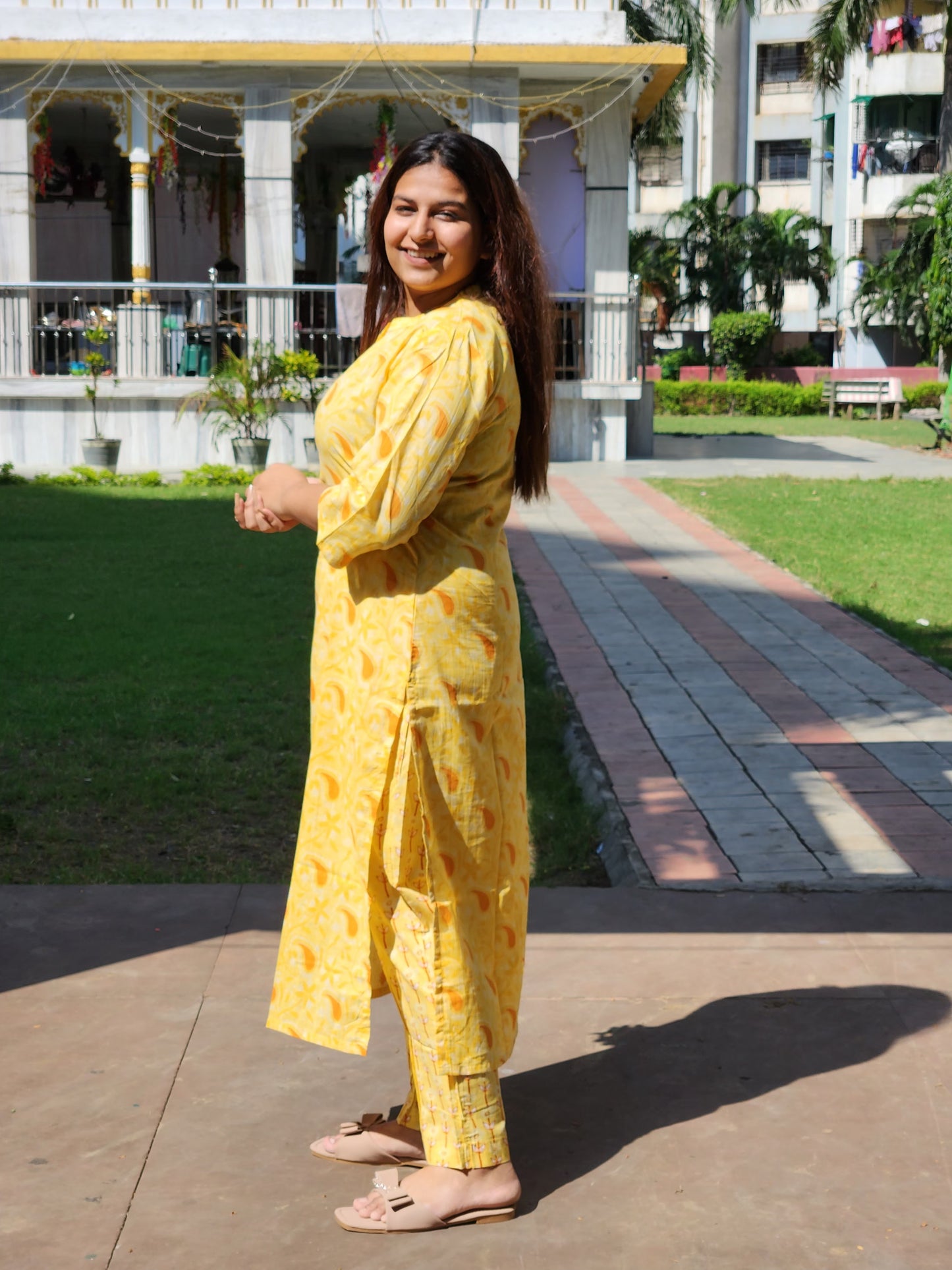 Yellow Keri Print Cotton Kurti Pant Set