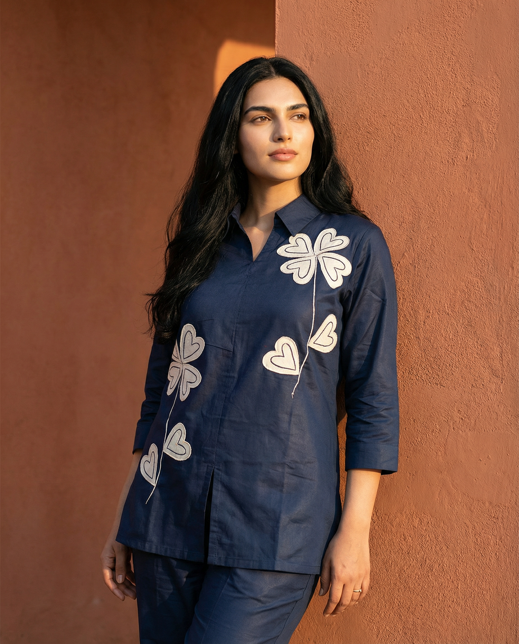 Petrol Blue Applique Giza Silk Coord Set