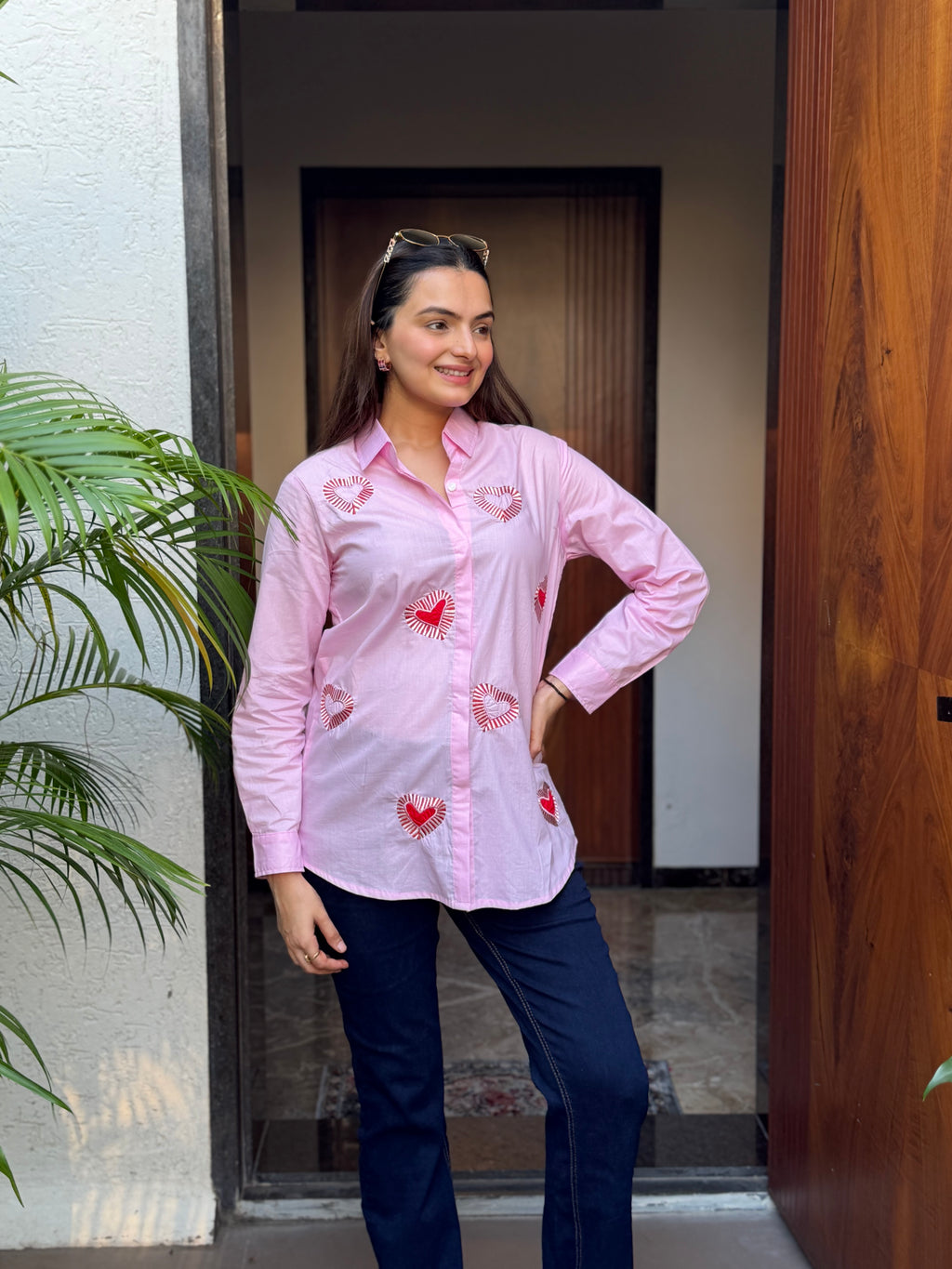 Pink Textured Heart Applique Rich Poplin Shirt