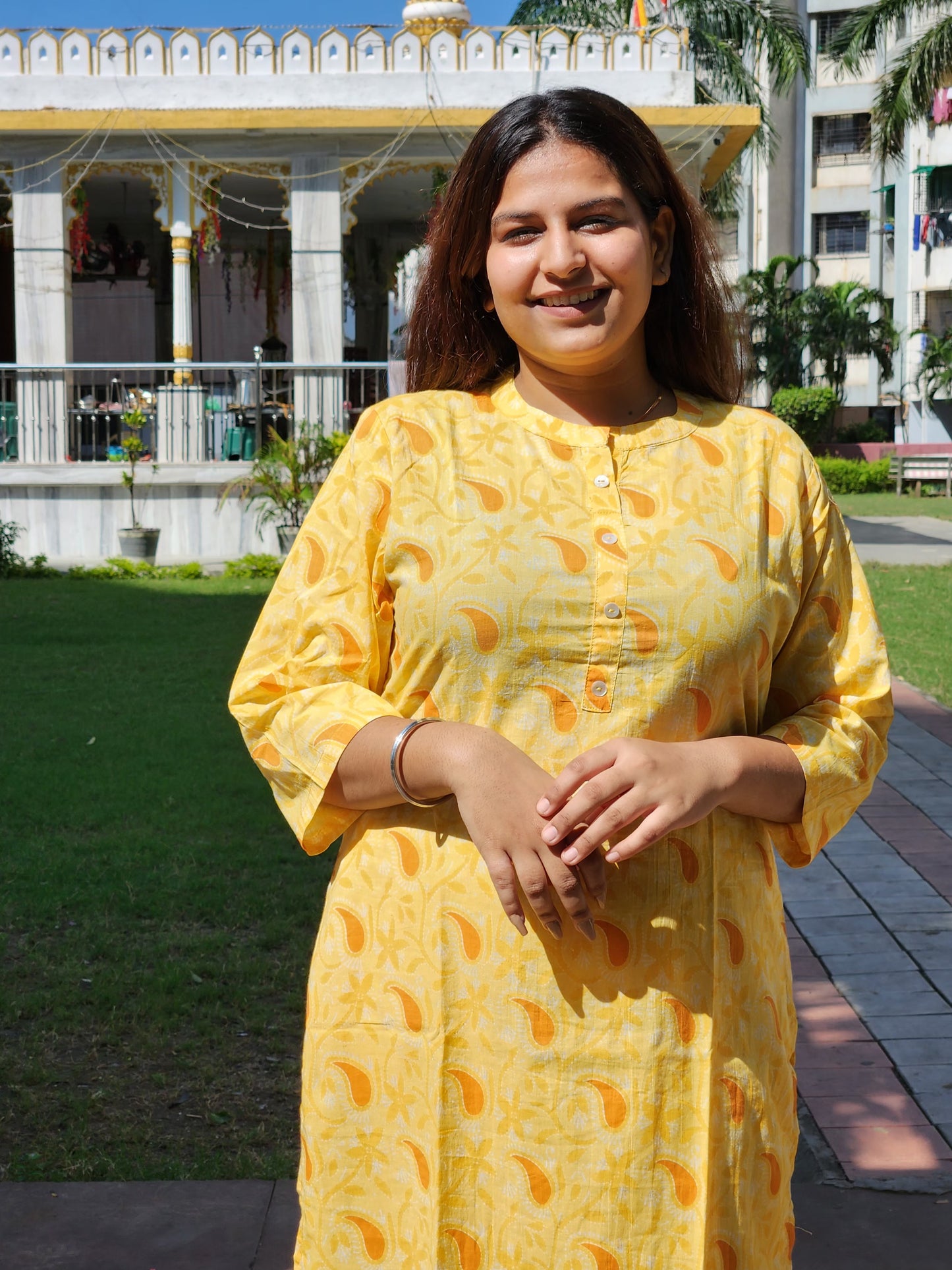 Yellow Keri Print Cotton Kurti Pant Set