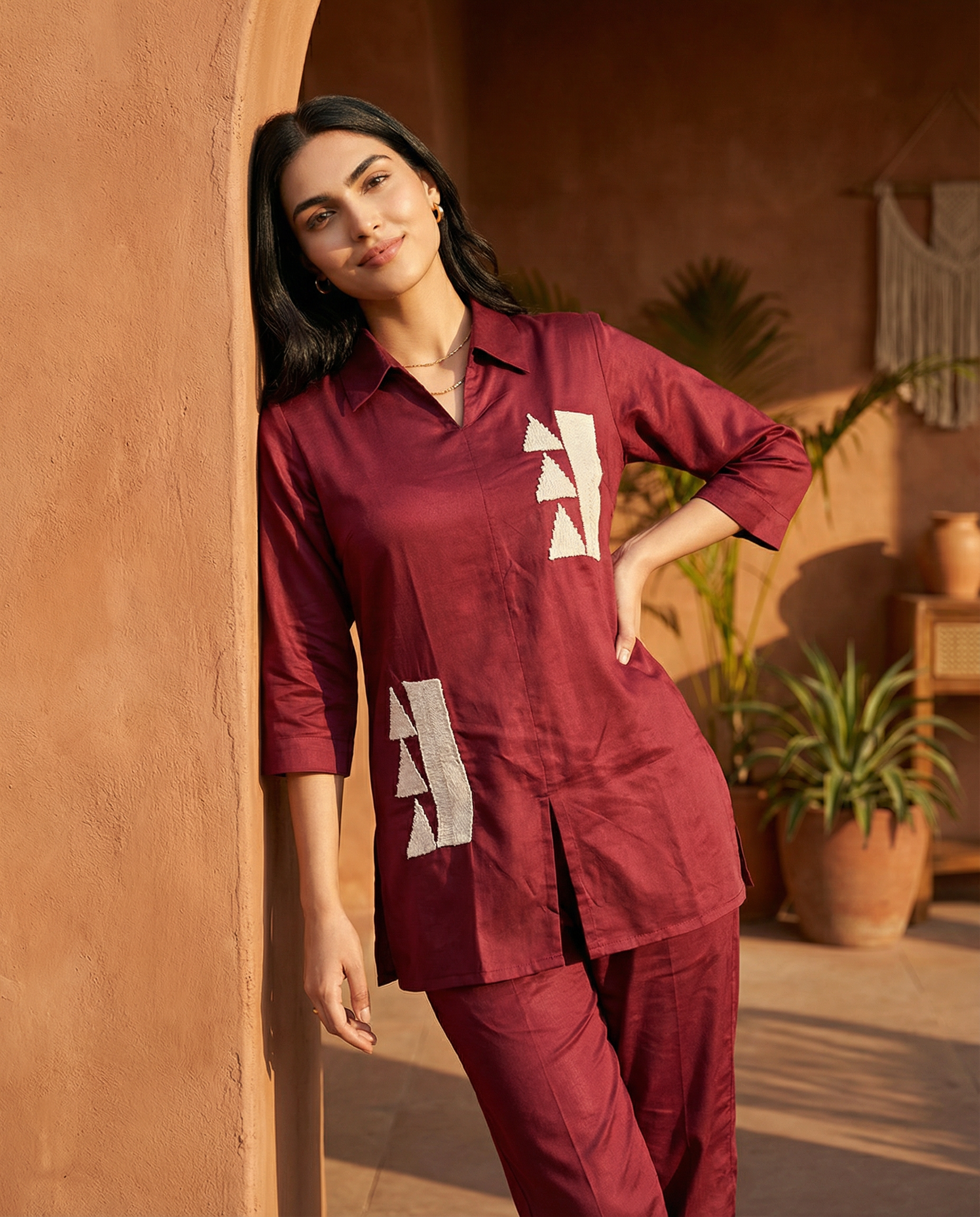 Maroon Whimsy Thread Work Giza Silk Coord Set