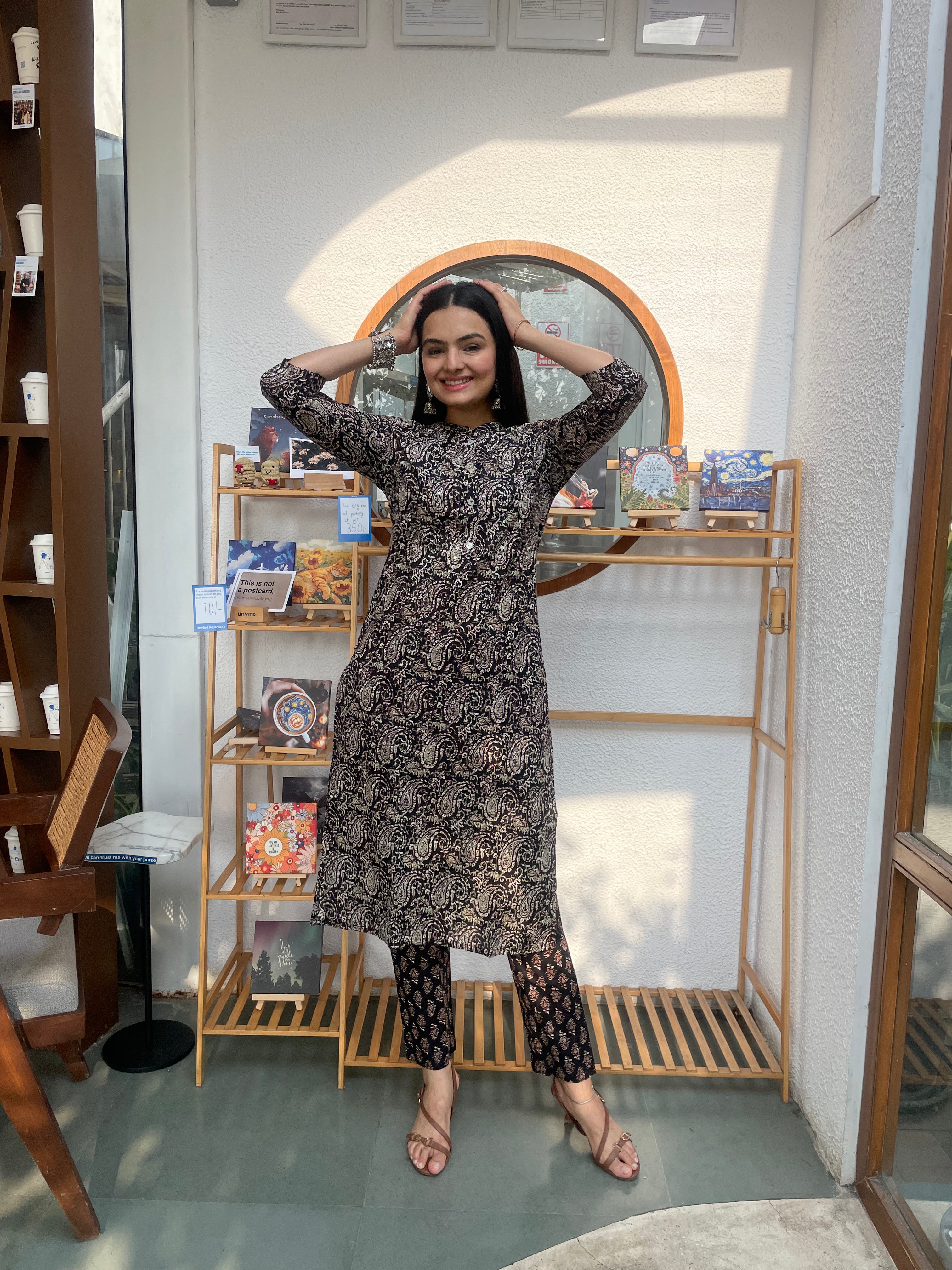 Black Paisley Motifs Print Kurti Pant Set