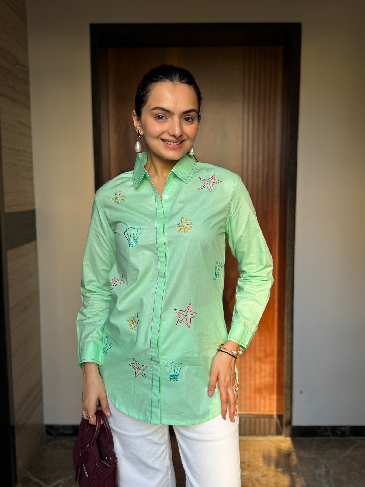 Pistachio Marine Life Embroidered Rich Poplin Shirt