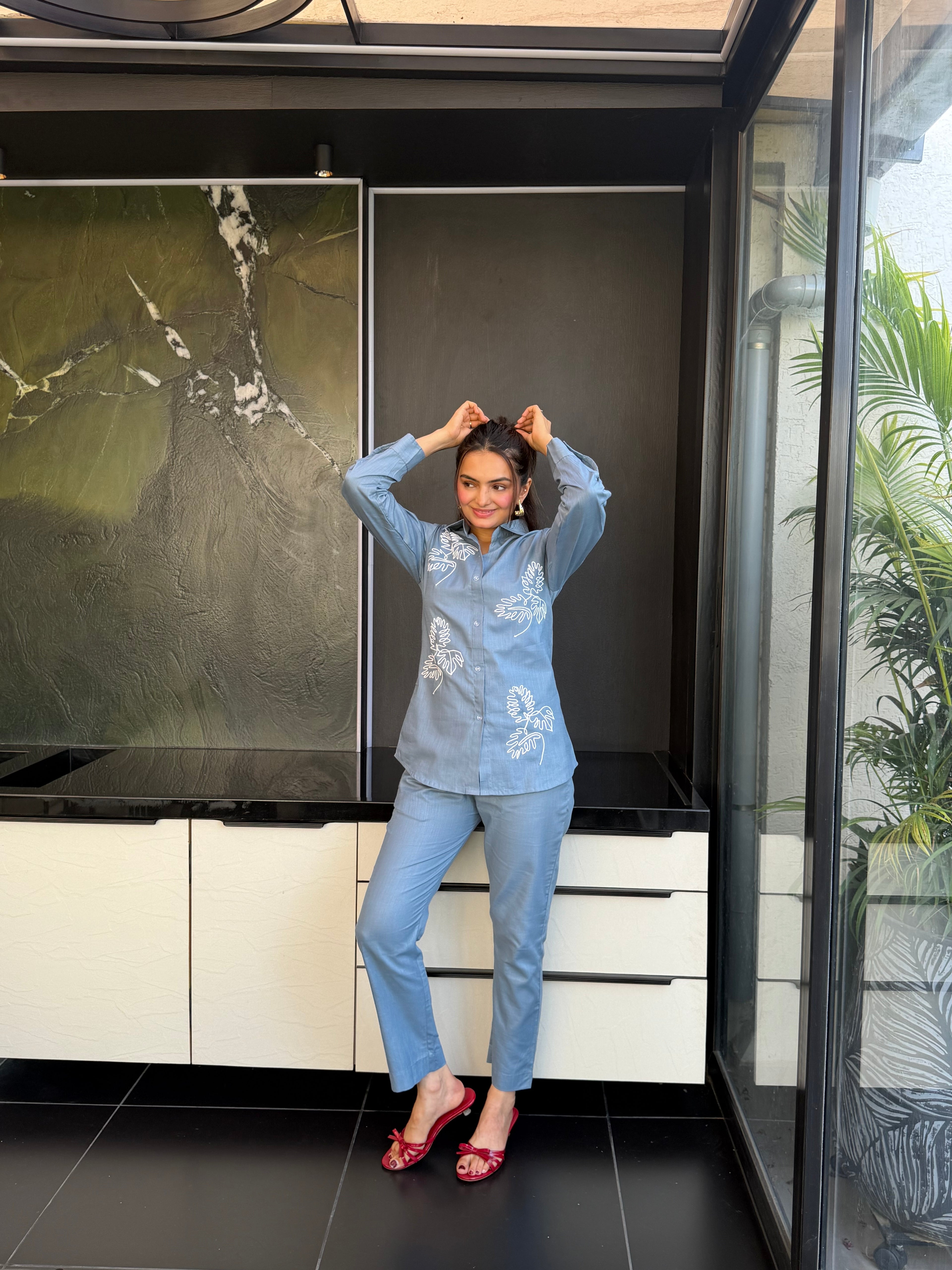 Denim Blue Leaf Embroidered Pure Linen Coord Set
