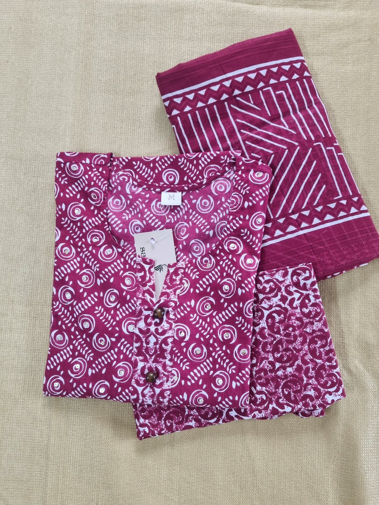 Deep Pink Jaipuri Print Kurti Pant Dupatta Set