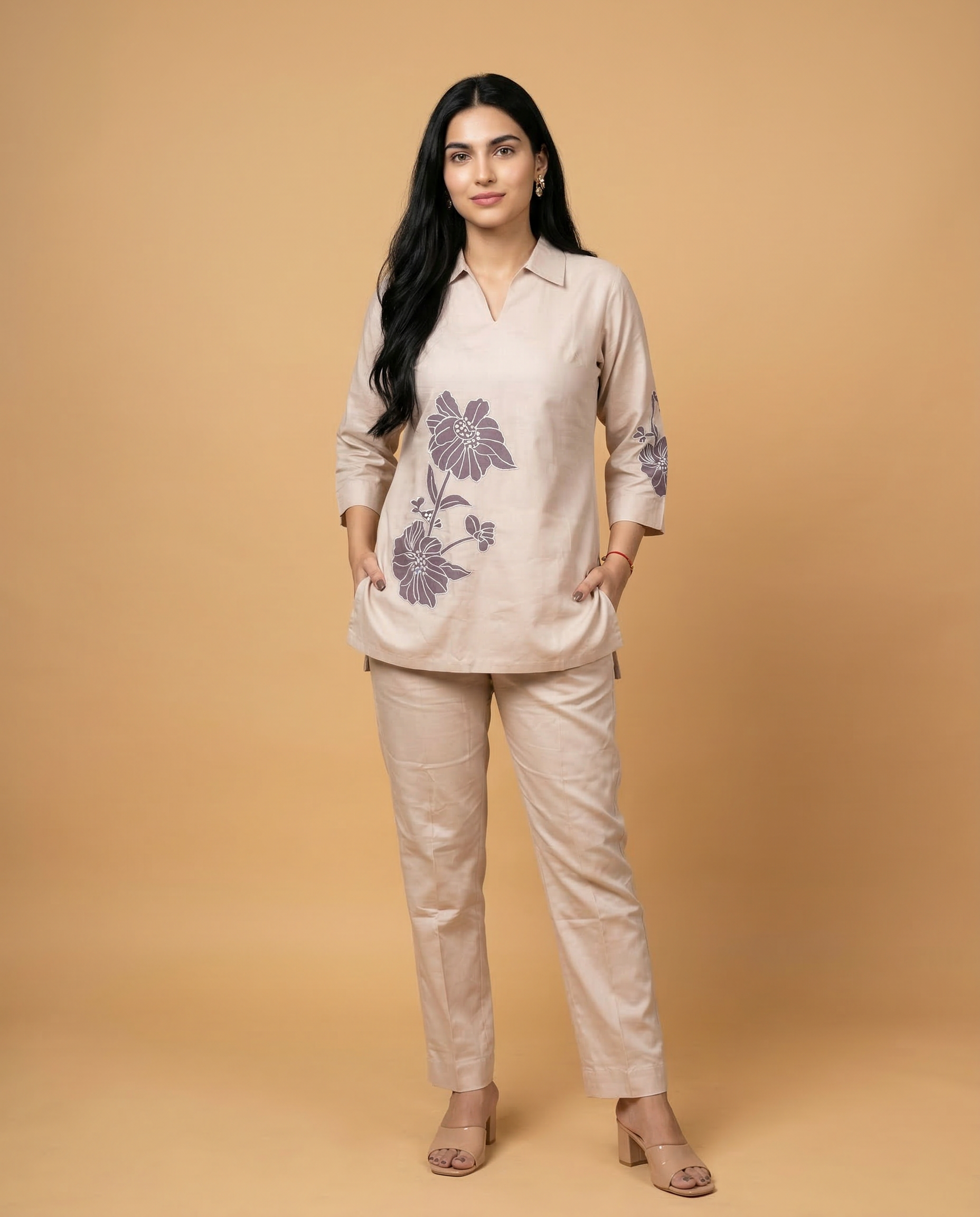 Solid Beige Applique Cotton Oxford Coord Set