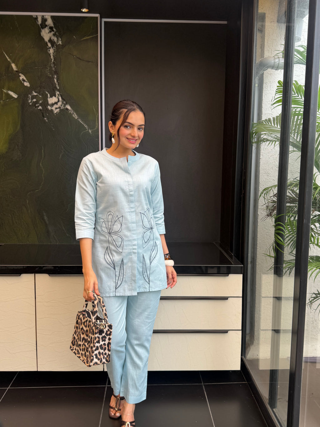 Lunara Blue Pure Linen Lily Leaf Embroidered Coord Set
