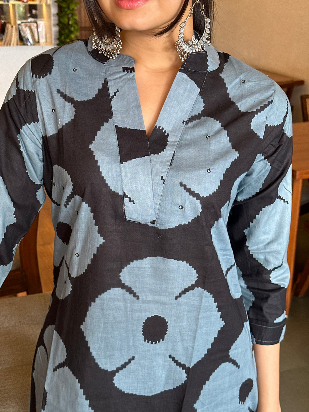 Dramatic Duality Black Hand Block Print A-Line Kurti Pant Set