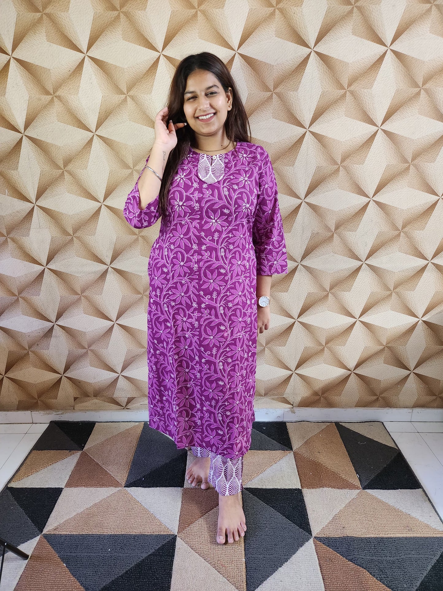 Wine Floral Print Cotton Kurti Pant Set