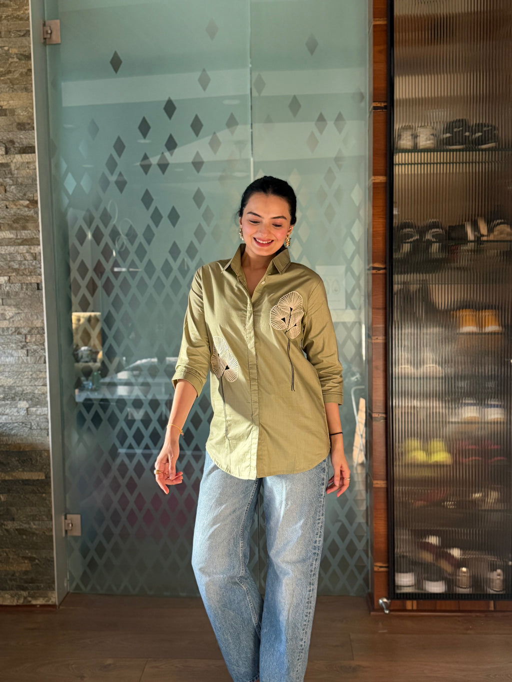 Olive Green Floral Embroidered Rich Poplin Shirt