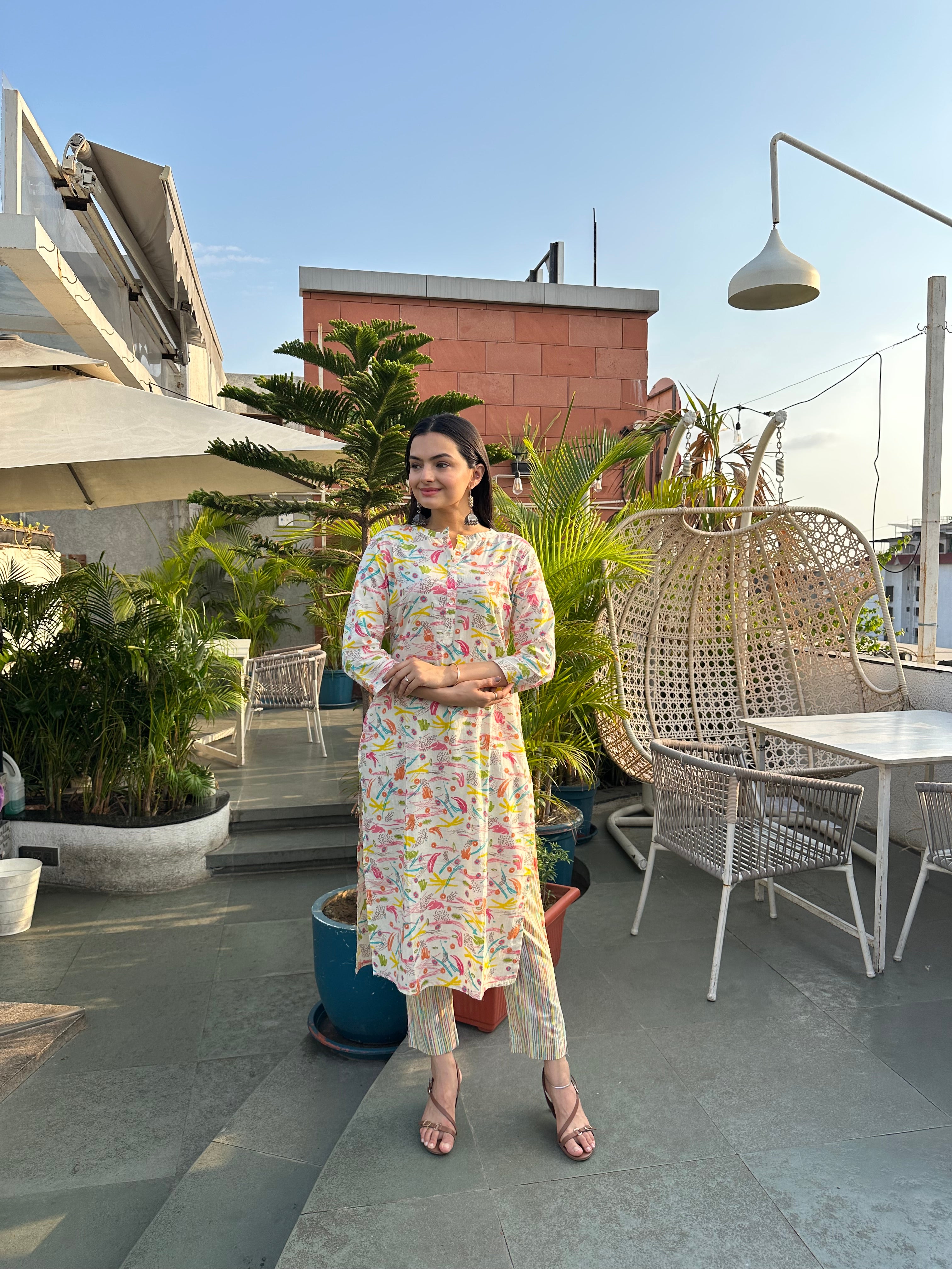 Cream Brush Print kurti pant set