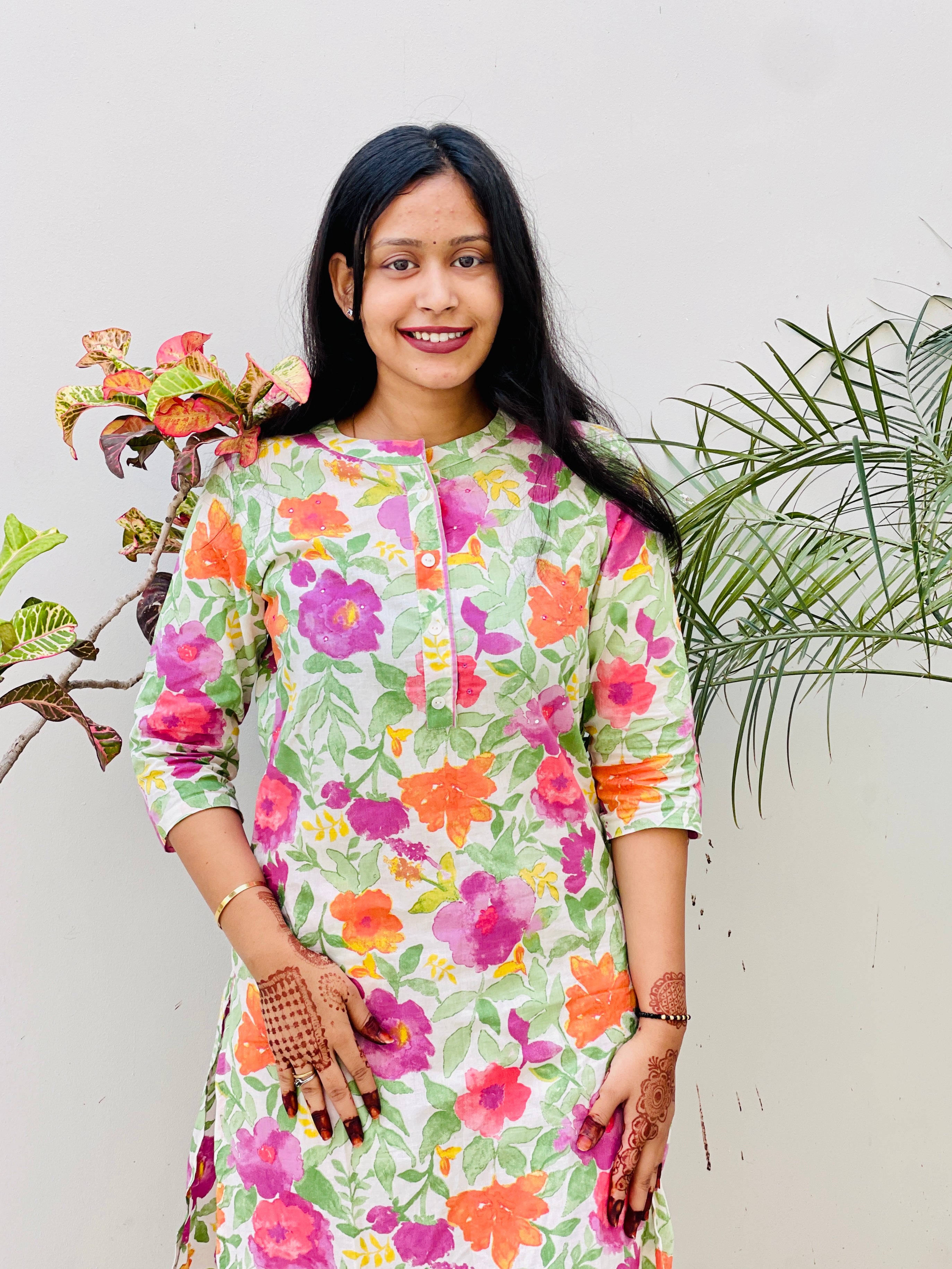 Multi Colour Floral Print Cotton Kurti Pant Set