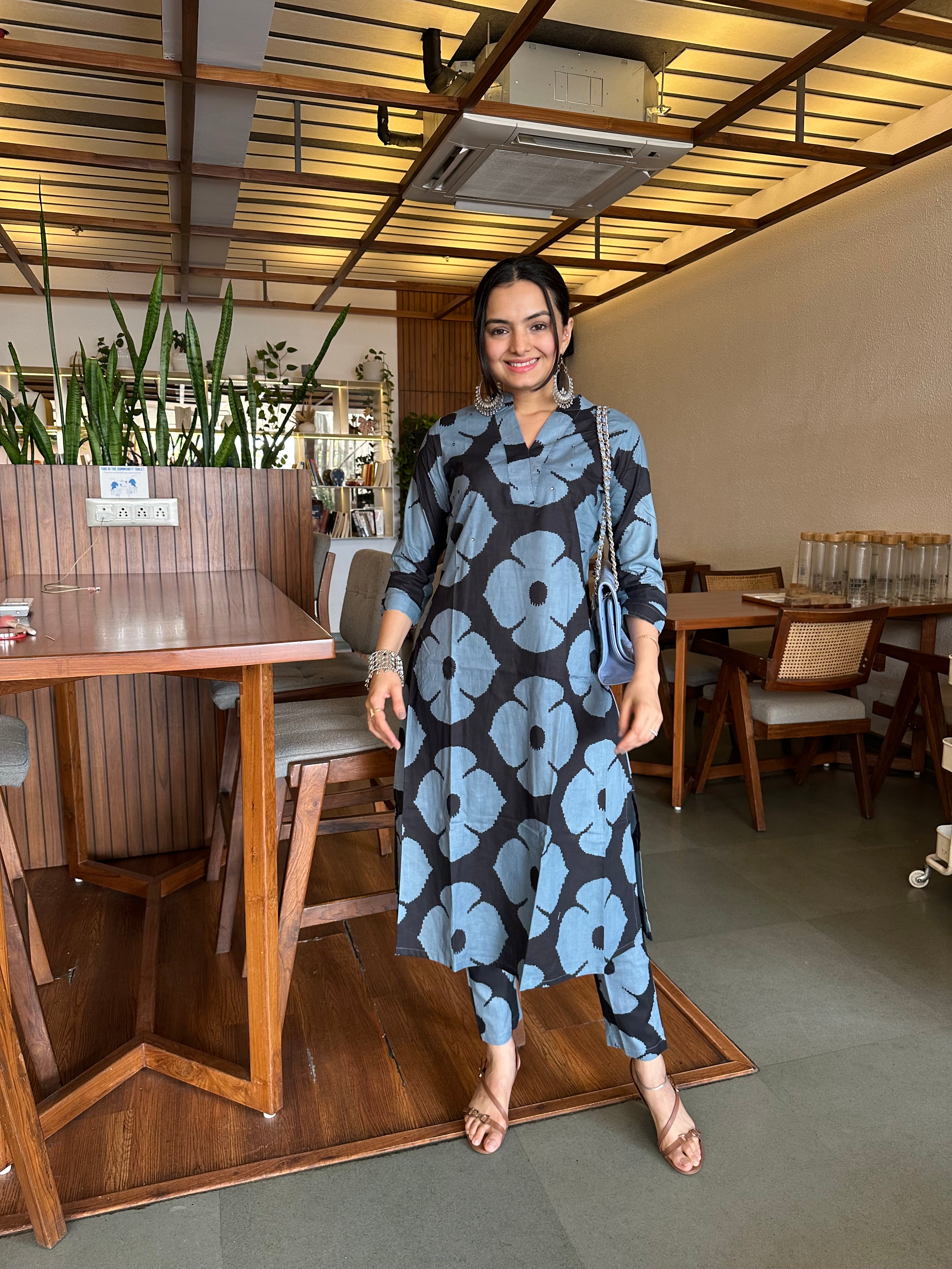 Dramatic Duality Black Hand Block Print A-Line Kurti Pant Set