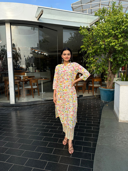 Cream Brush Print kurti pant set