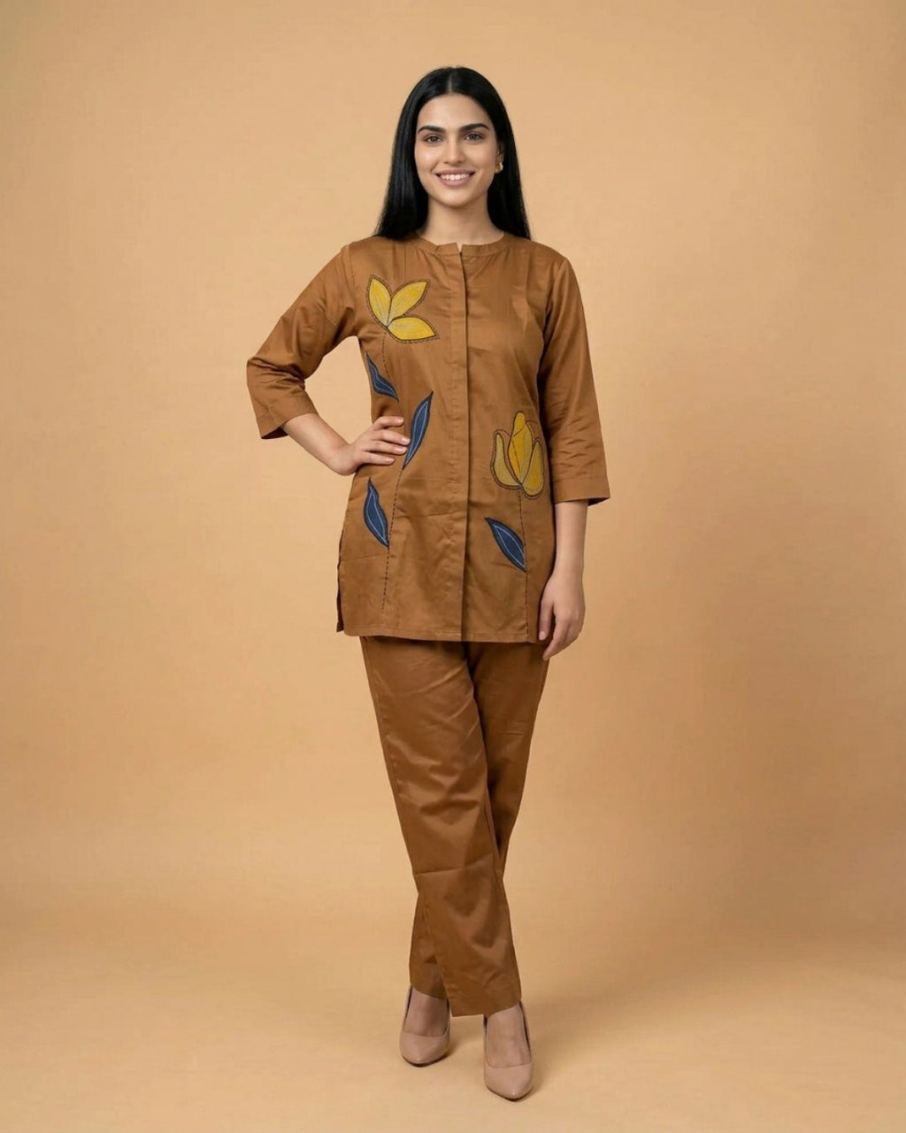 Dune Brown Leaf Applique Giza Silk Coord Set