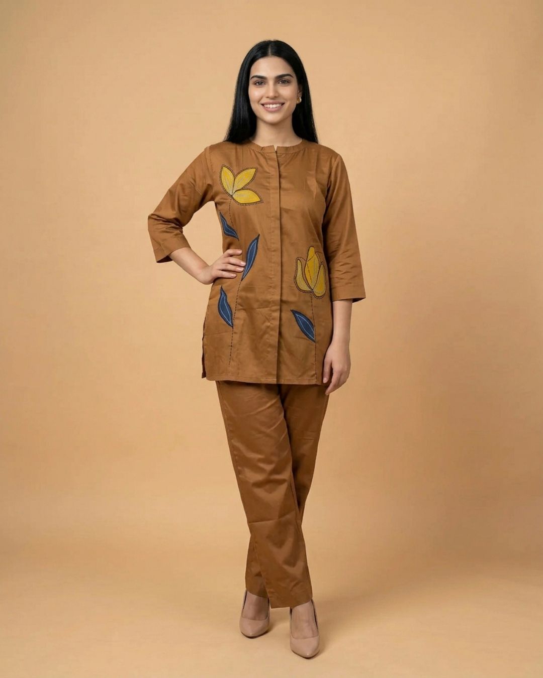 Dune Brown Leaf Applique Giza Silk Coord Set