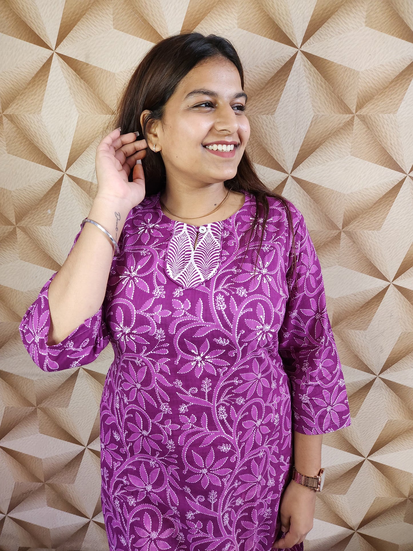 Wine Floral Print Cotton Kurti Pant Set