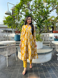 Sunbeam Petals Mustard Floral Print A-Line Kurti Pant Set