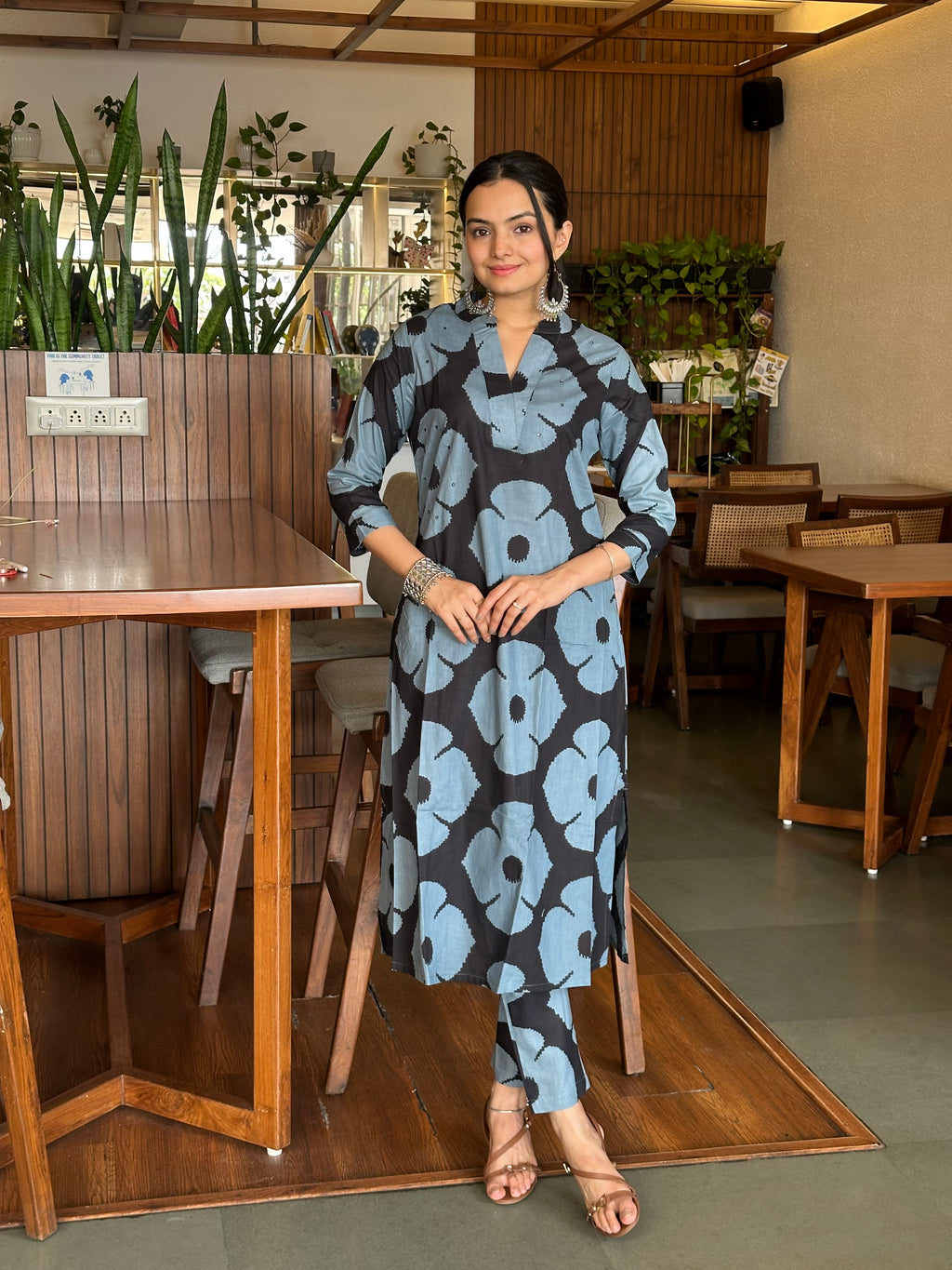 Dramatic Duality Black Hand Block Print A-Line Kurti Pant Set