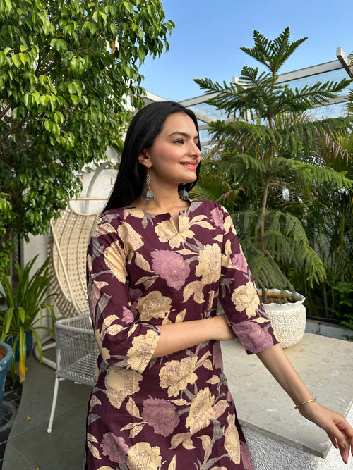 Wine Floral Foil Printed Kurta Set