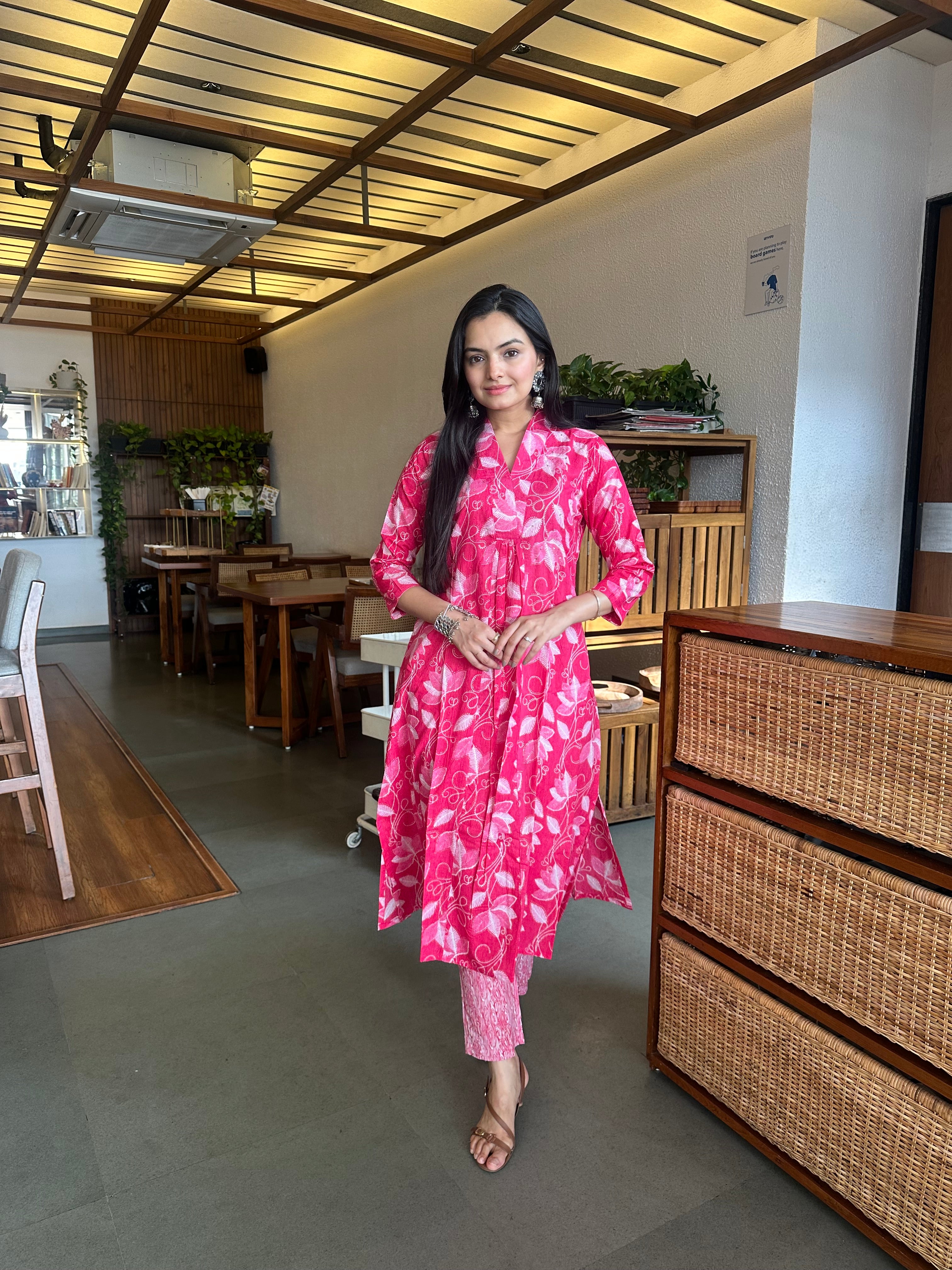 Deep Pink Leaf Print A-Line Kurti Pant Set