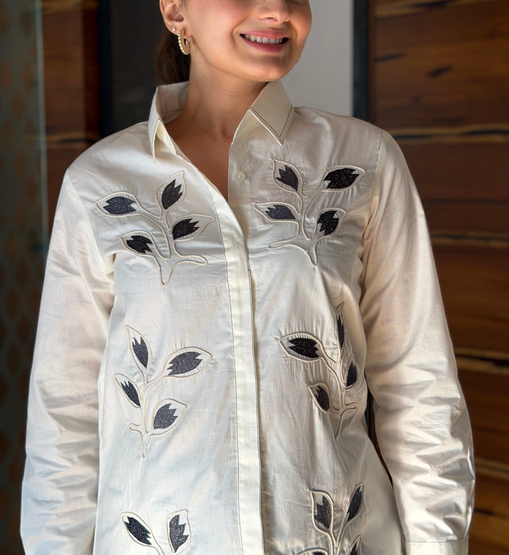 Off White Leaf Motif Embroidered Rich Poplin Shirt