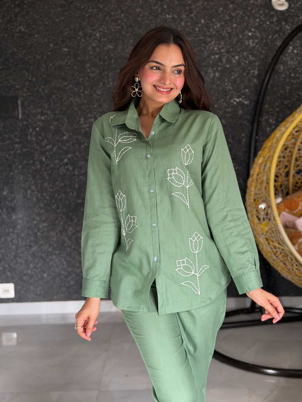 Green Tulip Floral Embroidered Pure Linen Coord Set