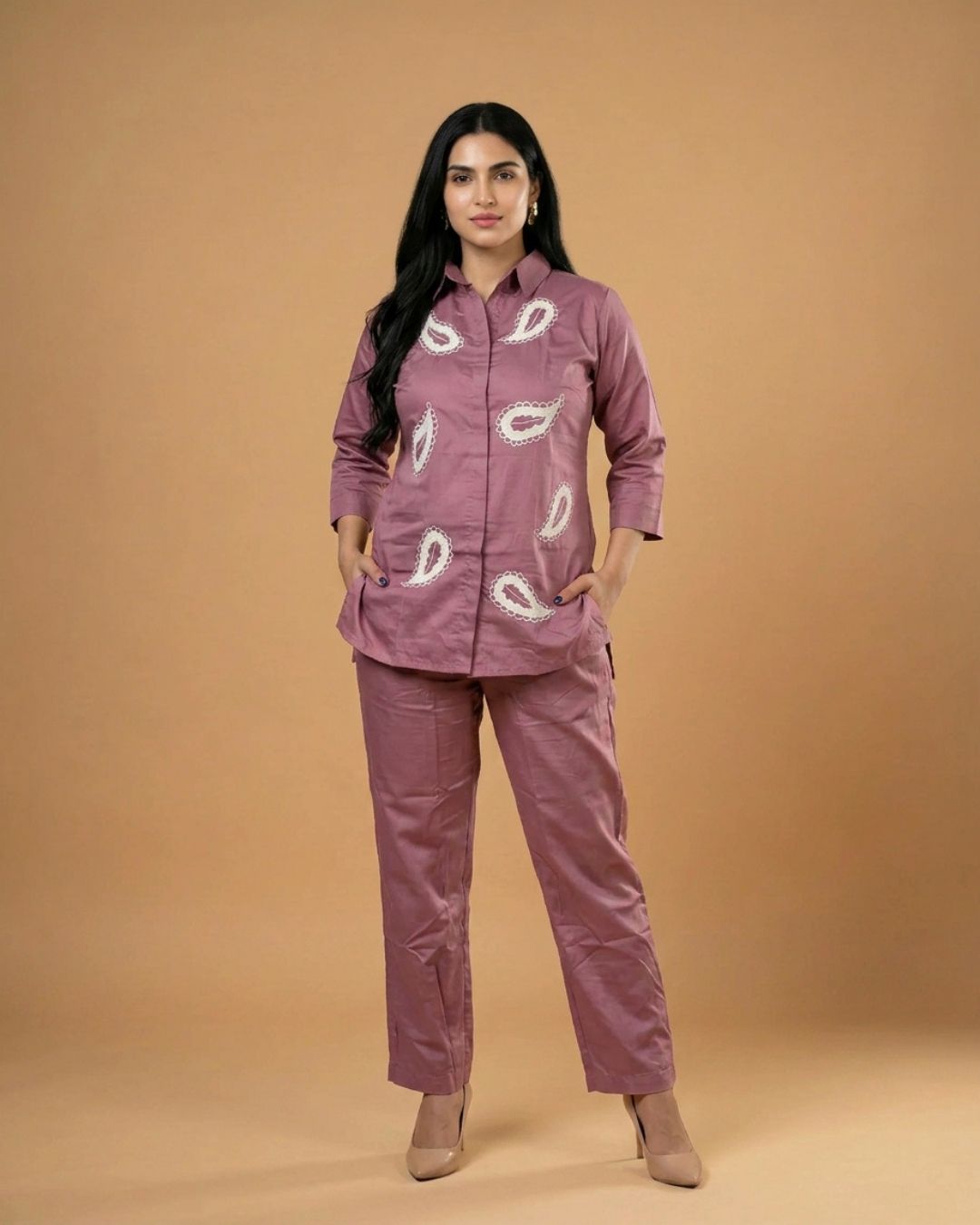 Blush Peach Keri Applique Giza Silk Coord Set