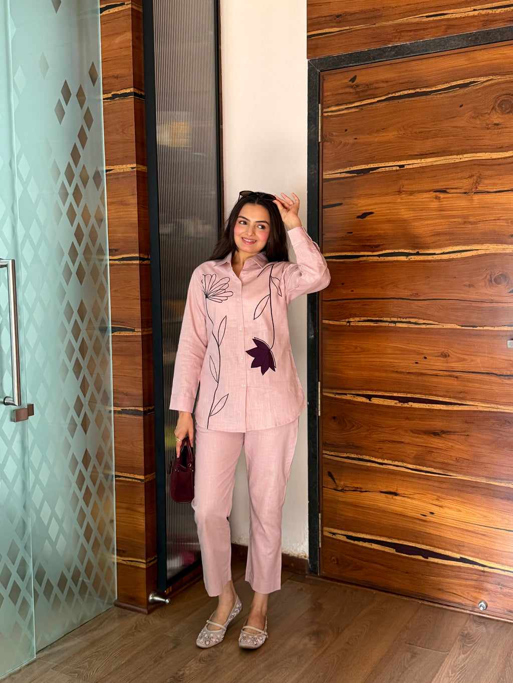 Peach Bloom Floral Applique Pure Linen Coord Set