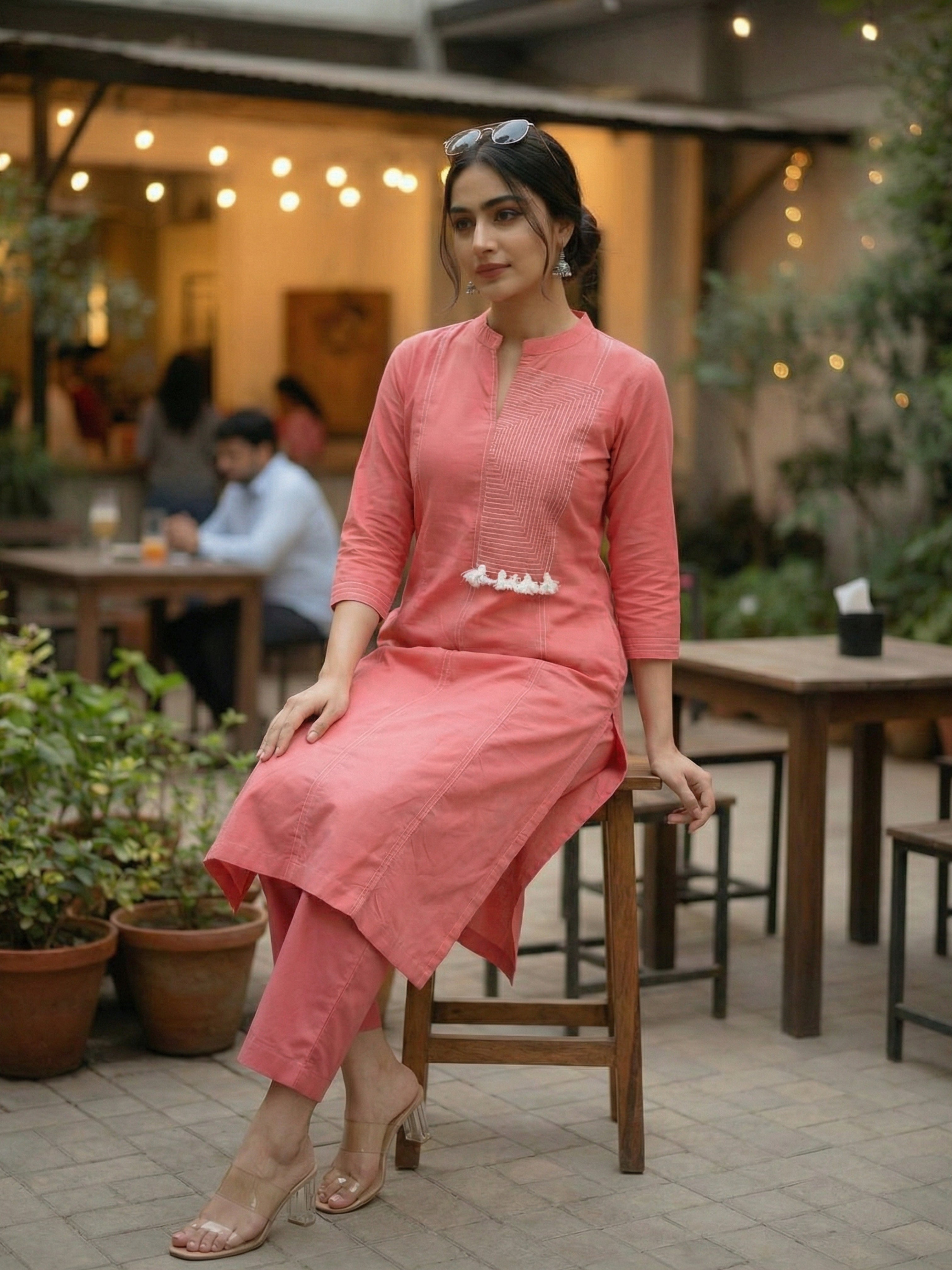 Flamingo Pink Embroidered Cotton Co-ord Set