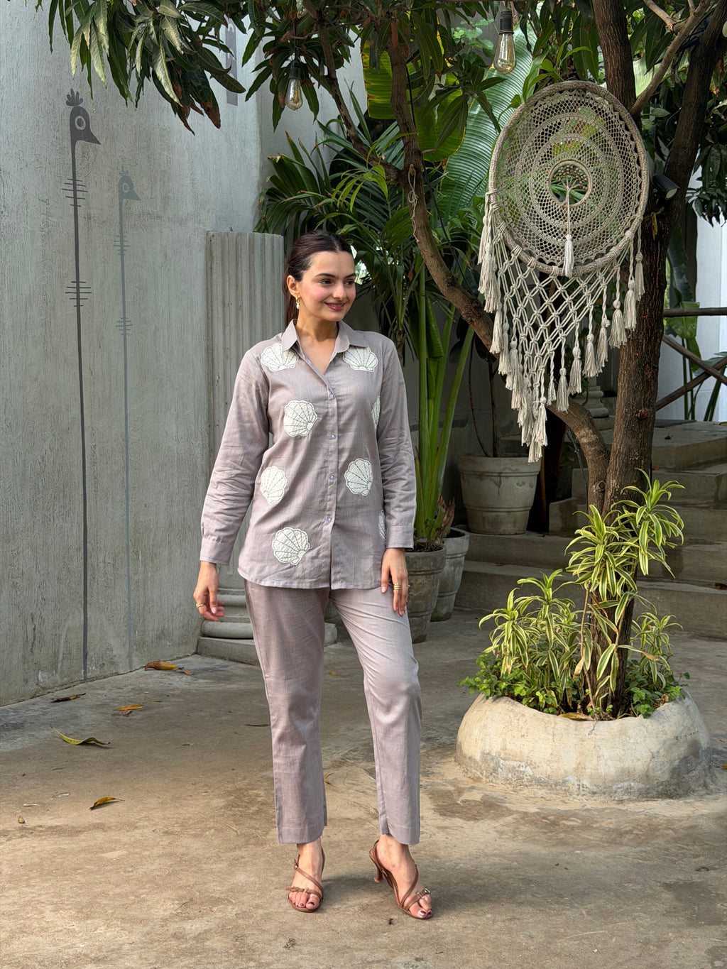 Mushroom Grey Floral Applique Pure Linen Coord Set