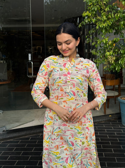Cream Brush Print kurti pant set