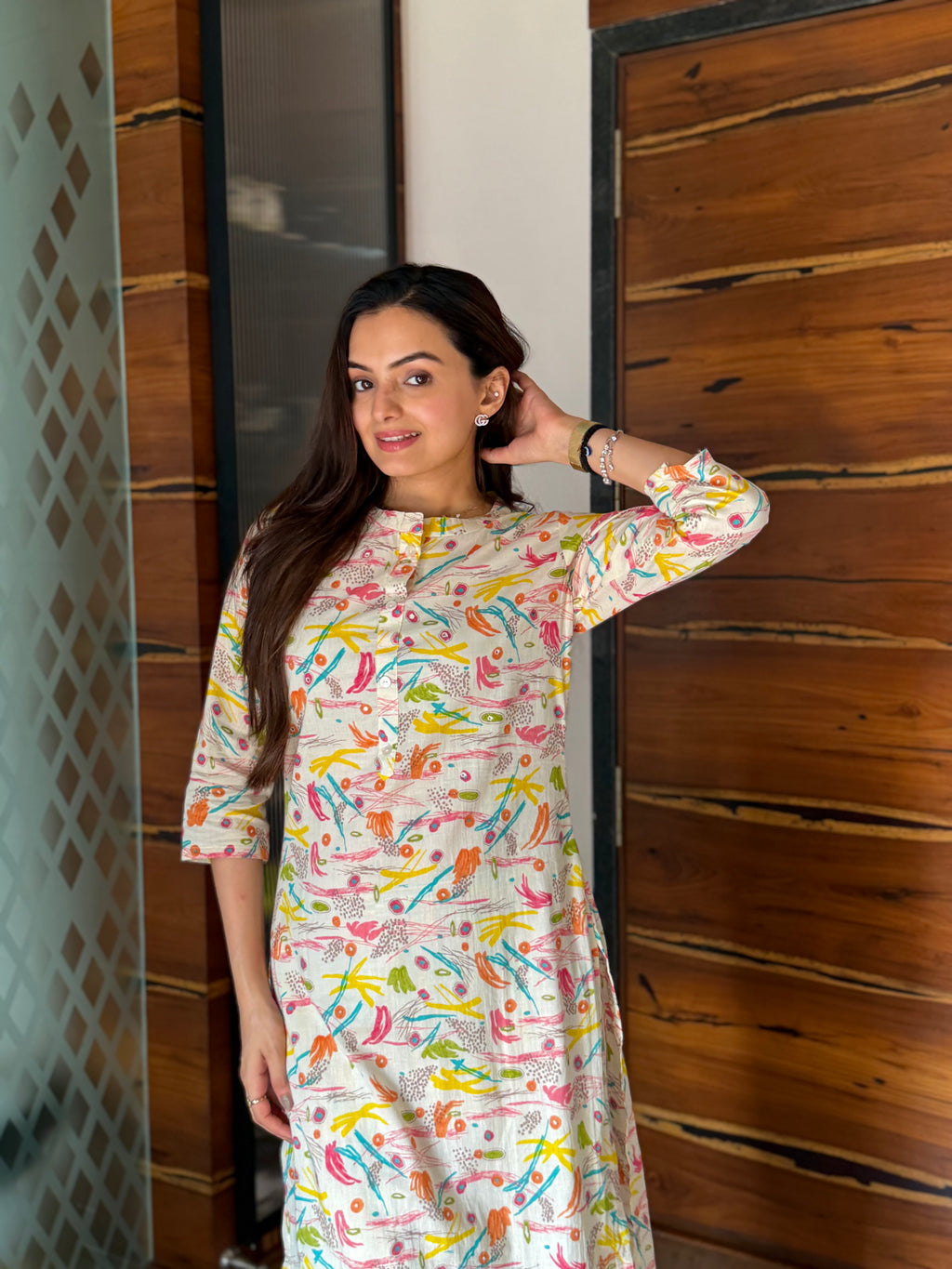 Cream Brush Print kurti pant set