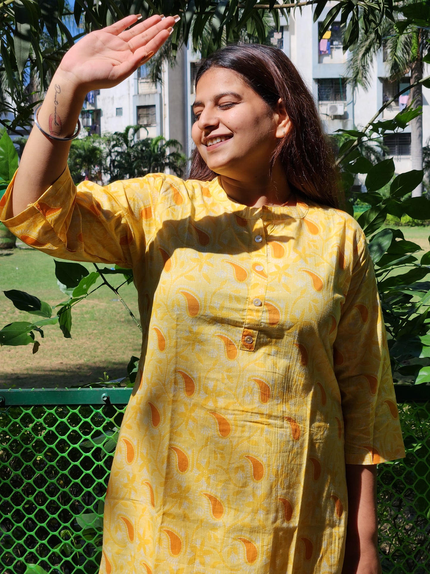 Yellow Keri Print Cotton Kurti Pant Set