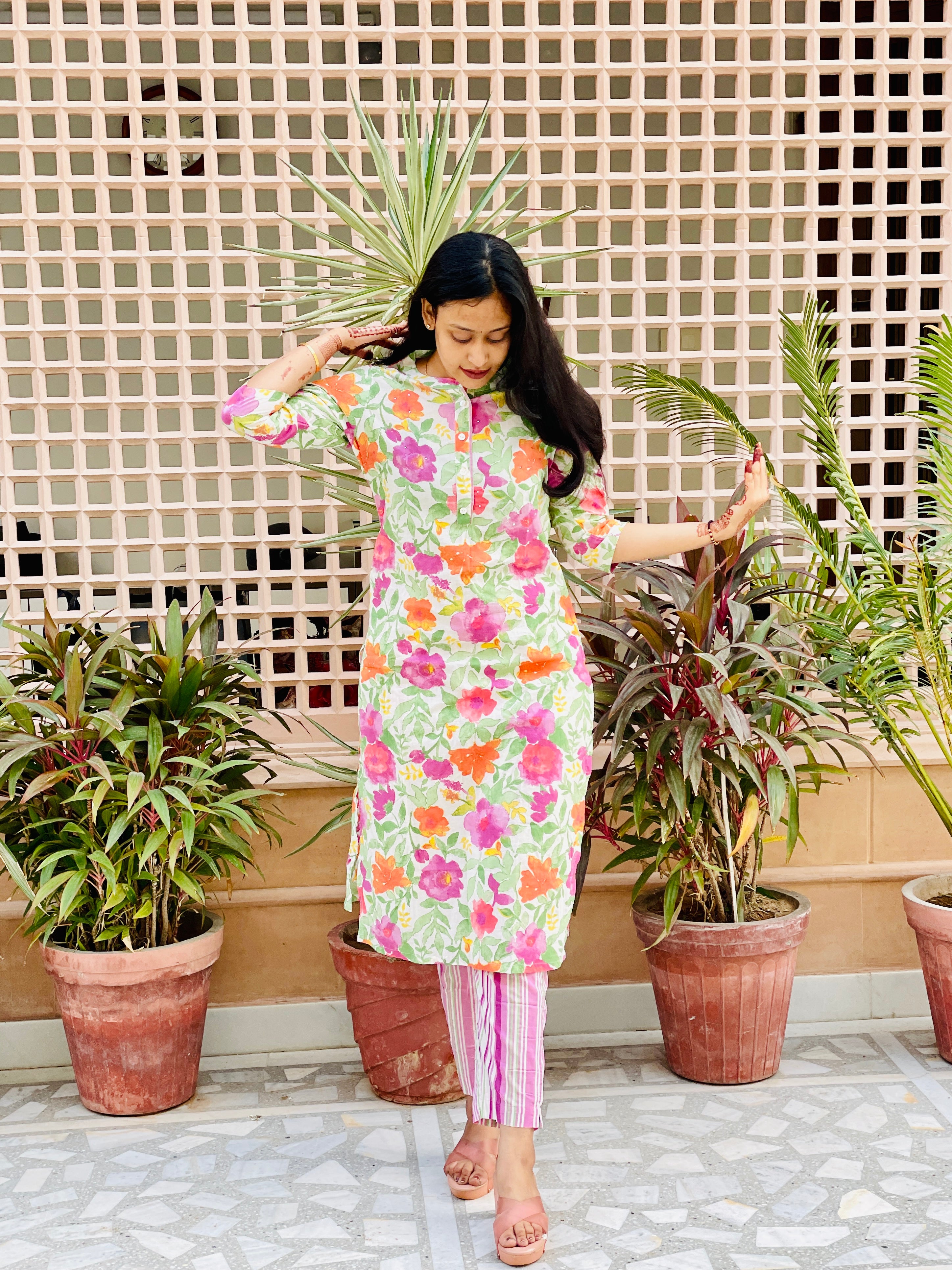 Multi Colour Floral Print Cotton Kurti Pant Set