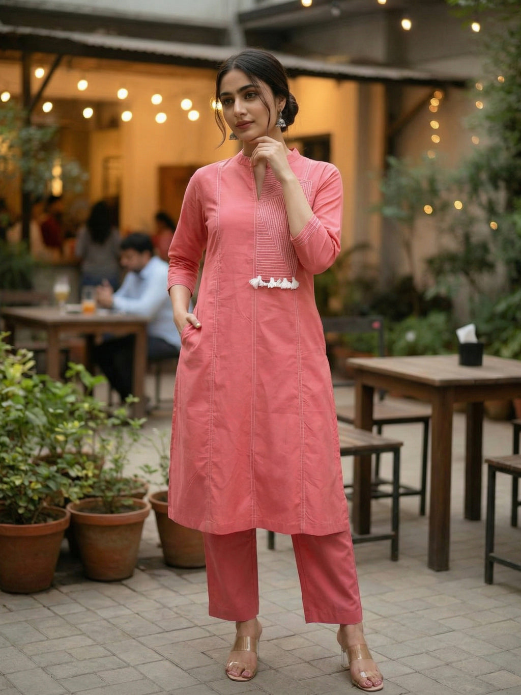Flamingo Pink Embroidered Cotton Co-ord Set