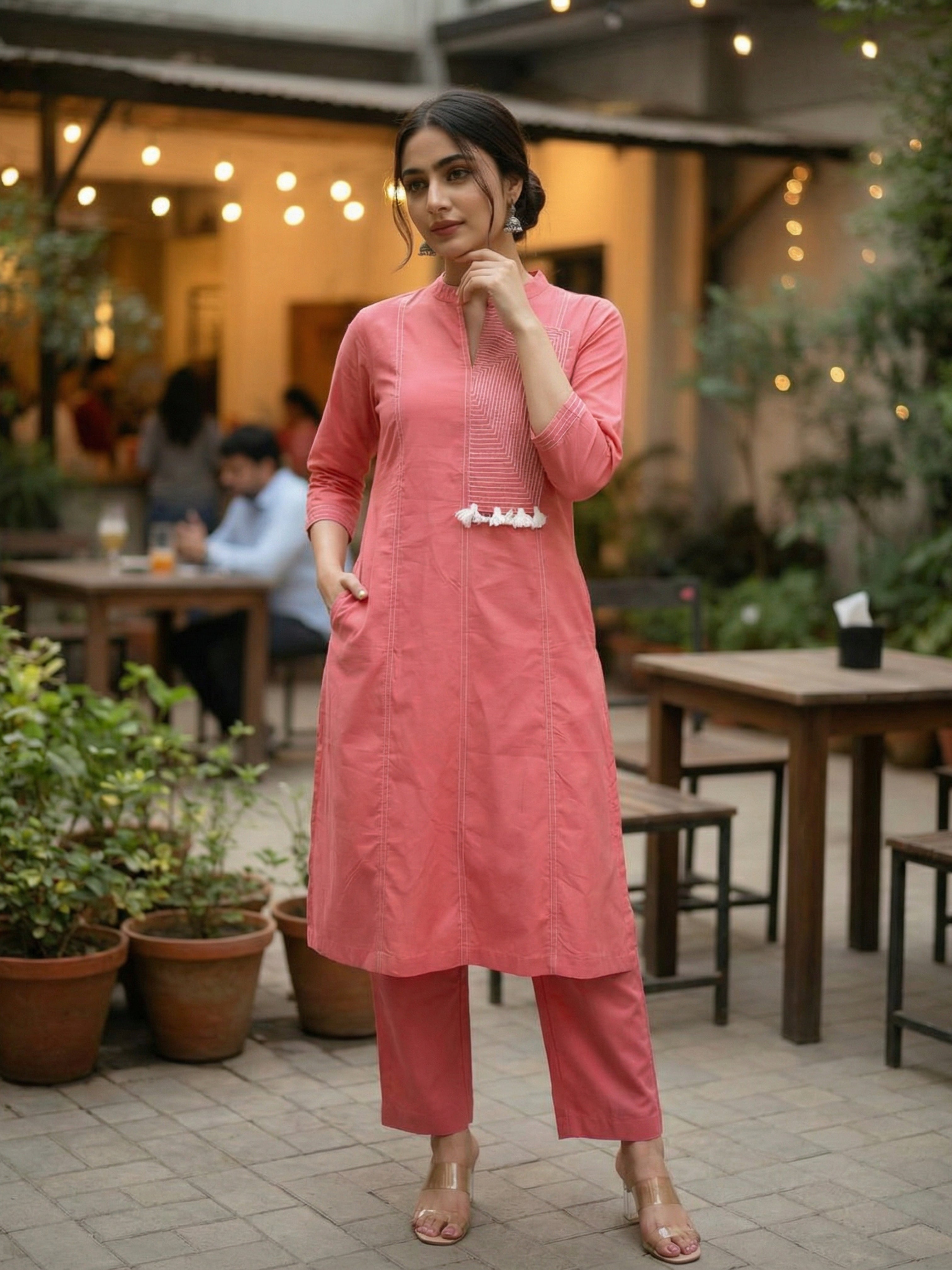 Flamingo Pink Embroidered Cotton Co-ord Set