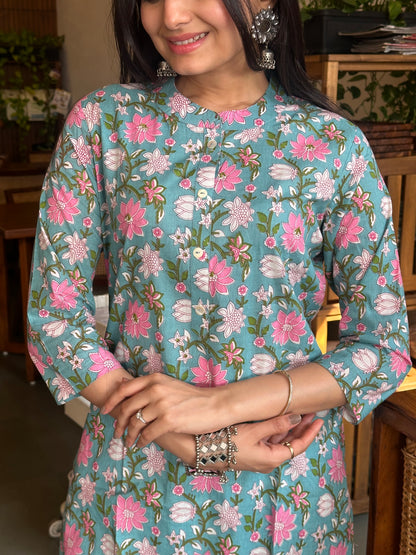 Turkish Blue Sanganeri Print Kurti Pant Set