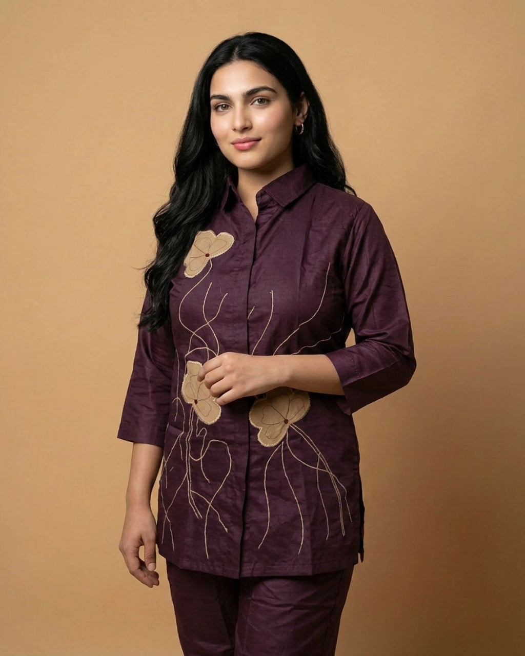 Burgundy Wine Flora Applique Giza Silk Coord Set