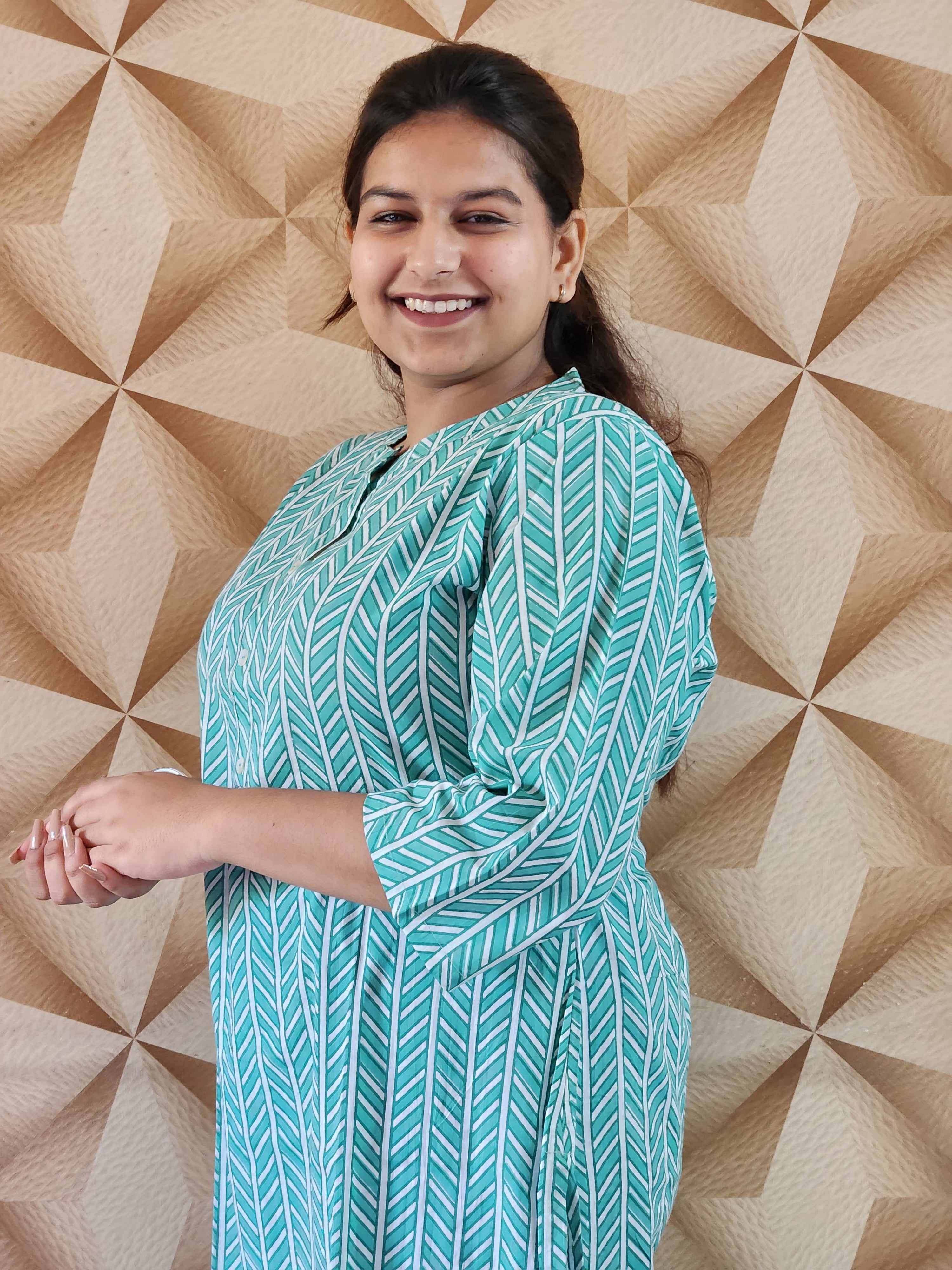 Green and White Stripe Print Only Kurti