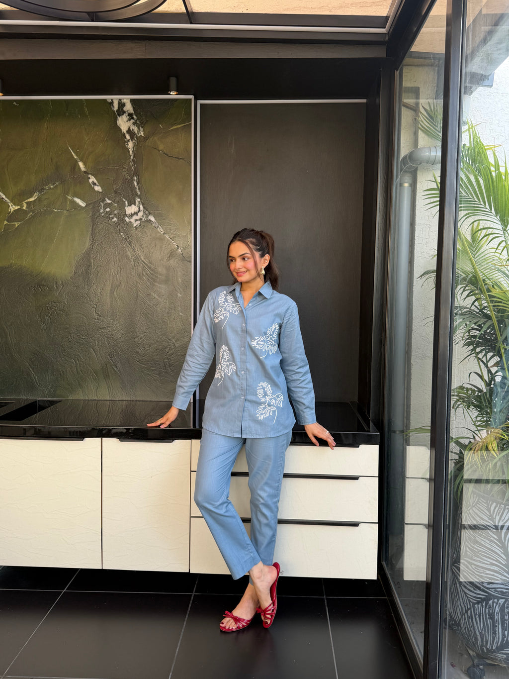 Denim Blue Leaf Embroidered Pure Linen Coord Set