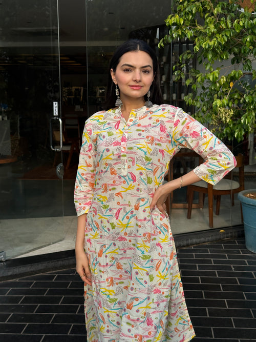 Cream Brush Print kurti pant set