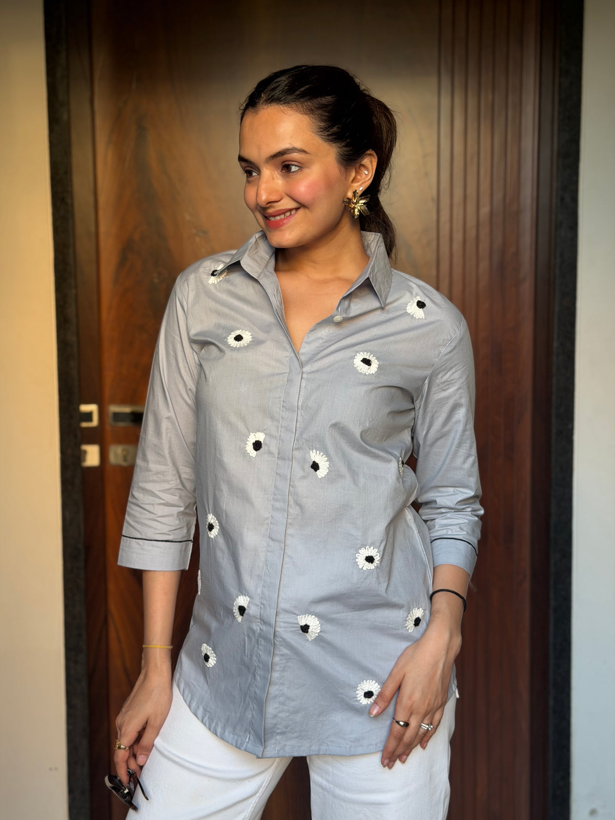 Silver Mist Floral Embroidered Premium Rich Poplin Shirt