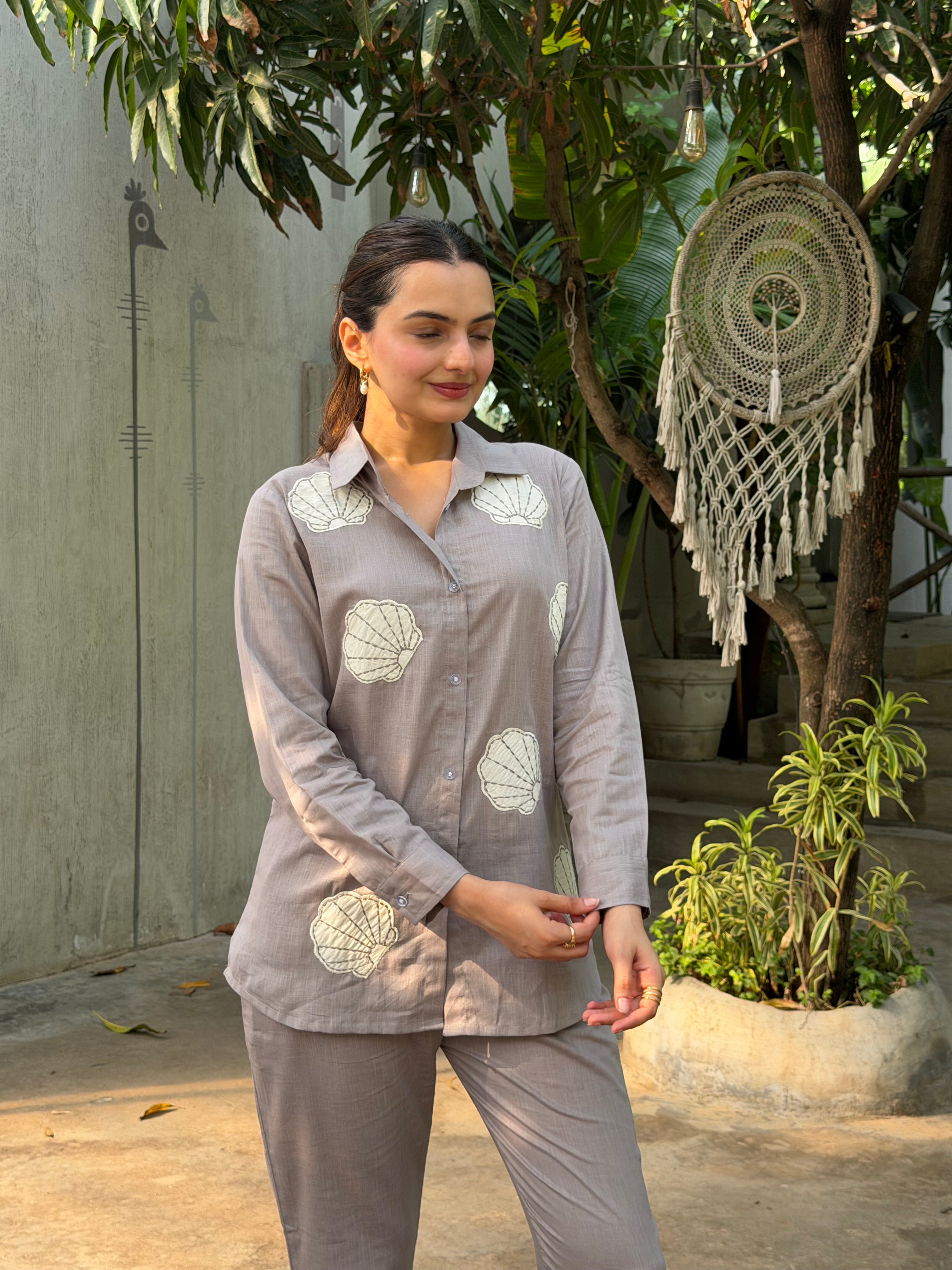 Mushroom Grey Floral Applique Pure Linen Coord Set