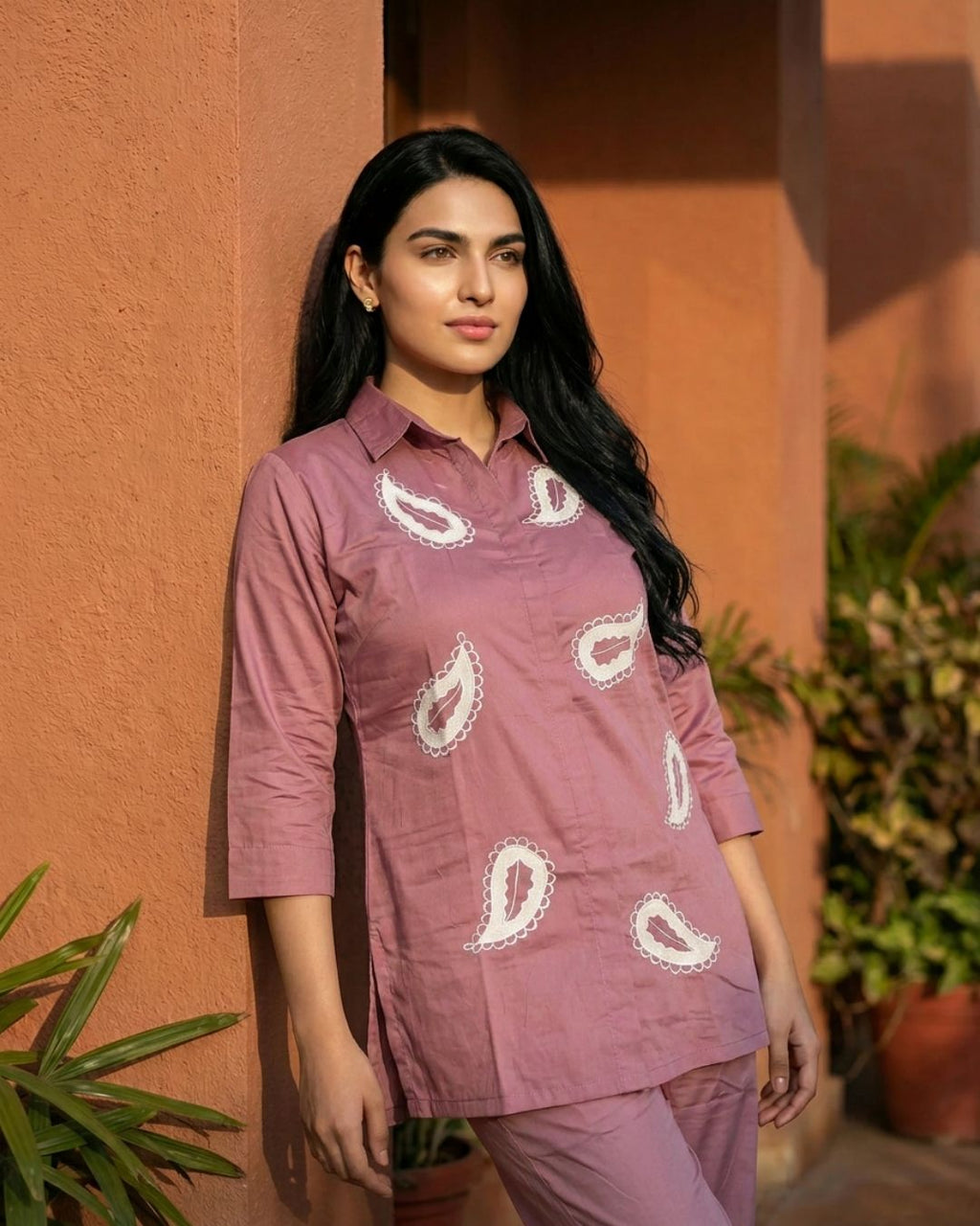 Blush Peach Keri Applique Giza Silk Coord Set